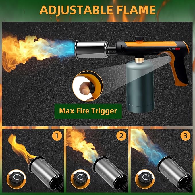 Powerful Propane Torch with One-Touch Max Fire, Adjustable Kitchen Torch with Safety Lock, Flamethrower, Blow Torch Gun for Grill, BBQ, Sous Vide, Campfire Starter (Tank Not Included)