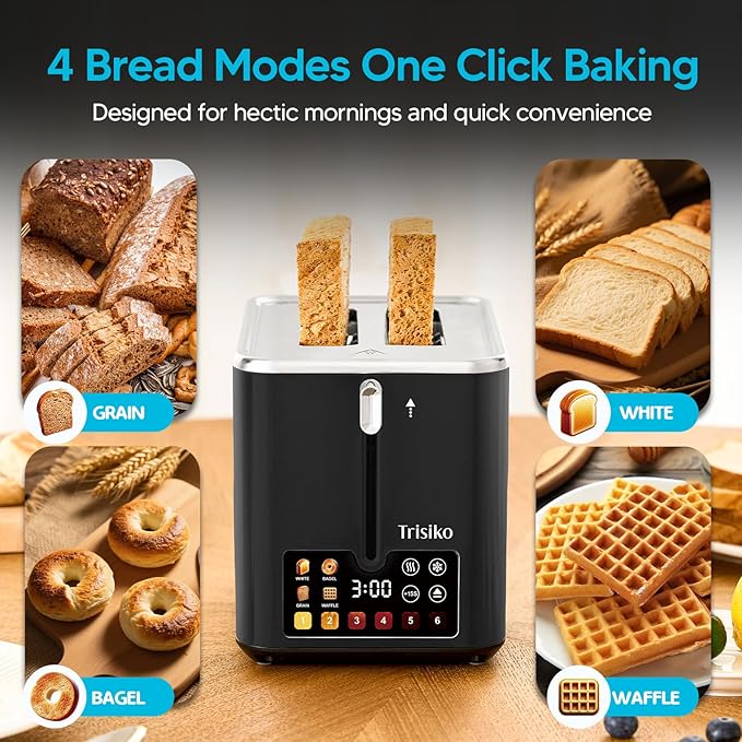 Trisiko® Touch Screen Toaster 2 Slice, Stainless Steel Smart Toaster with Digital Timer, 1.38" Extra-Wide Slots for Bread& Bagel, Great for Home, Office,Dorm (Black)