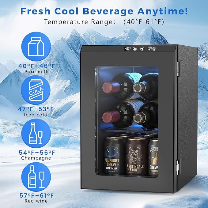 Electactic Wine Cooler Refrigerator with Glass Door, Mini Wine Fridge for Red, White and Champagne, Built-in Wine Cellar, 40-61F Digital Temperature Control, Indoor Use