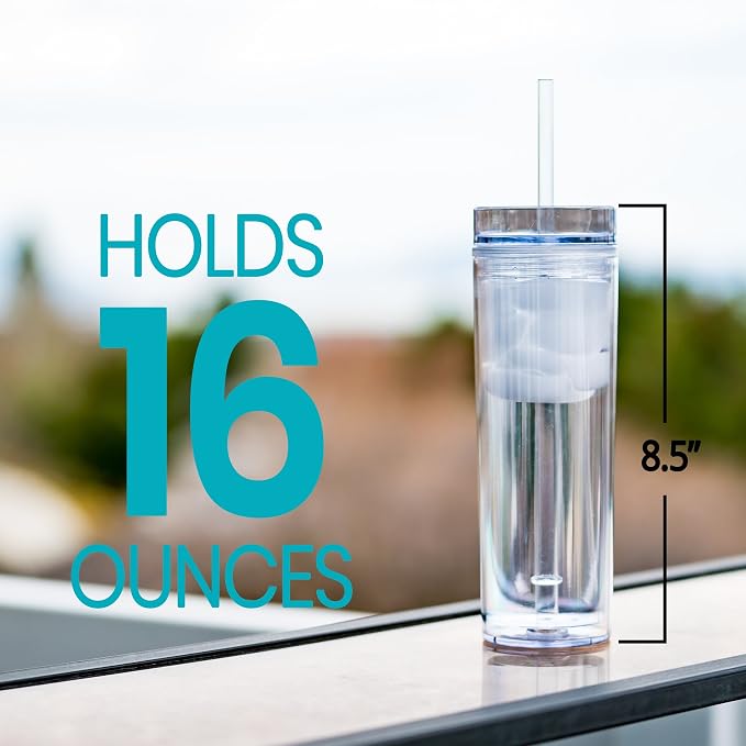 STRATA CUPS 12 Clear Skinny Tumblers with Lids and Straws | 16oz Reusable Cup Double-Wall Clear Tumbler with Lid and Straw, Durable Acrylic Tumblers With FREE Straw Cleaner & Name Tags