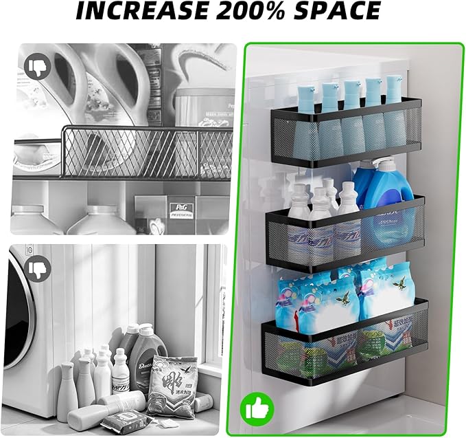 3 Pack Magnetic Shelves for Washing Machine, Strong Hold Black Magnetic Baskets, Multipurpose Magnetic Laundry Organizer & Spice Rack for Refrigerator, Ideal Laundry Room Organization and Storage