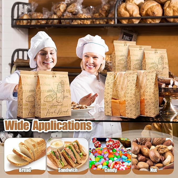 Feifeiya 250 Pack Kraft Paper Bread Bags for Homemade Sourdough Bread Bag with Clear Window 13.7 x 8.2 x 3.5 Large Bakery Packaging for Treat Storage Gift Giving with Seal Sticker