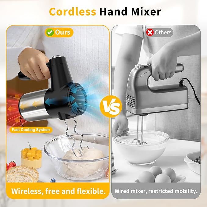 Cordless Electric Hand Mixer, 7 Speed Rechargeable Wireless Handheld Mixer with Eject Button, Long Battery, Quiet Anti-Splash, 6×304 Stainless Steel Attachments & Storage Base for Baking (Black)
