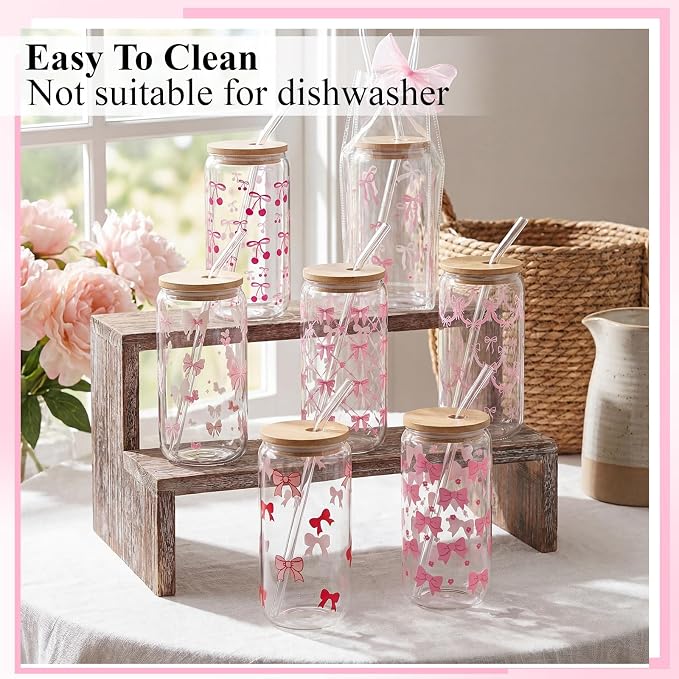 Mumufy 16 Sets Coquette Bow Glass Cups with Clear Gift Bag 16 oz Reusable Pink Iced Coffee Mugs Aesthetic Cute Tumbler with Lids and Straws, Gifts for Girls Women Bridesmaid