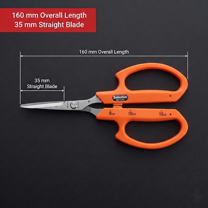 Saboten Stainless Steel Straight Blade Trimming Scissors Orange PT-12 160mm Precision Gardening Bonsai and Floral Shears Made in Japan