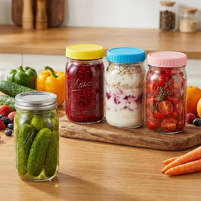 CycleMore 32 oz Wide Mouth Mason Jars with Airtight Metal Lids, 6-Pack Canning Jars with Colorful Plastic Lids & Pitcher Lid, Quart Jars for Overnight Oats, Pickling, Cold Brew, and Sun Tea