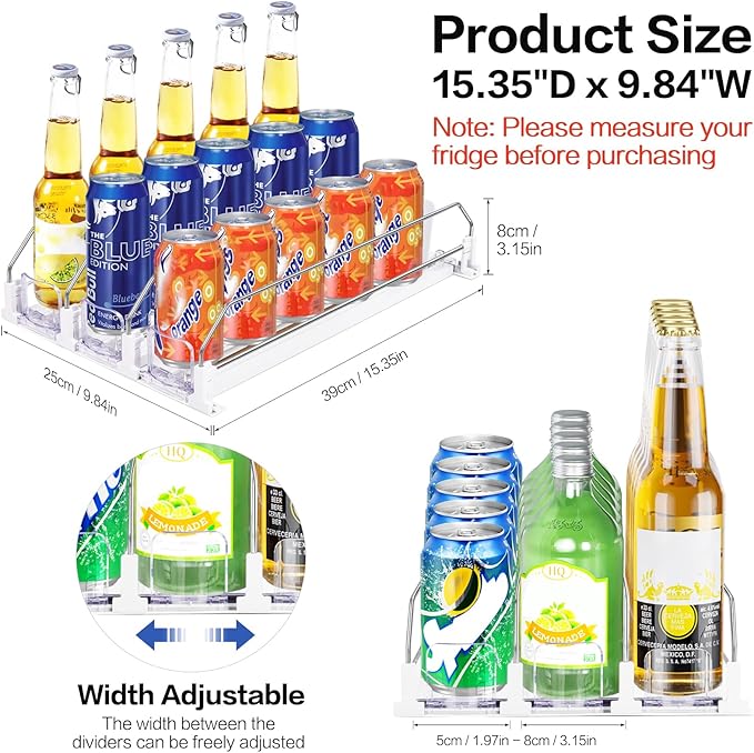 Drink Organizer for Fridge, Automatic Pusher Soda Can Dispenser for Refrigerator, Adjustable Width Holds up to 15 Cans Fridge Drink Organizer for Beer Beverage-3Row 15.3" D x 9.9" W