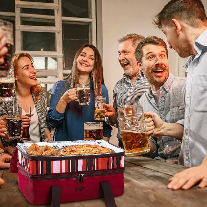 MIER Insulated Double Casserole Carrier Thermal Lunch Tote for Potluck Parties, Picnic, Beach, Fits 9 x 13 Inches Casserole Dish, Expandable by Mid Zipper, Burgundy