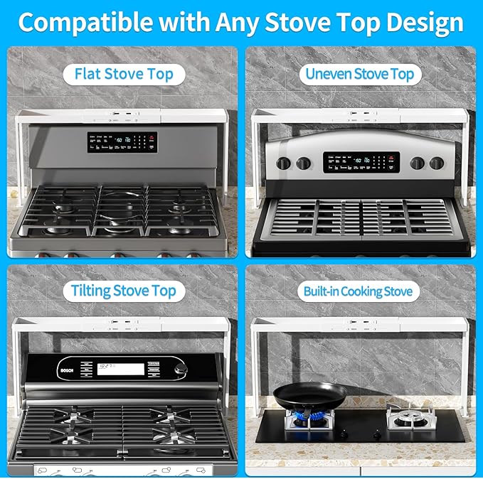 BOIVSHI Stove Top Shelf, Stove Rack Shelf for Back of Stove, Over the Stove Spice Rack,Over Stove Spice Rack Adjustable 27-33 inch for Kitchen Stove, Oven, Sink Spice Organizer, White