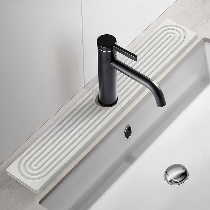 Faucet Mat for Kitchen Sink, Diatomite Fast Drying Stone Sink Tray, Super Absorbent, Prevents Moisture Buildup - Faucet Splash Guard for Bathroom Counter, Kitchen [White, 23.6" x 3.9"]