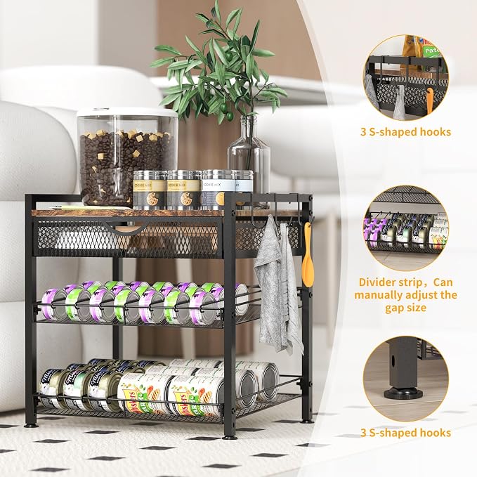 Cat Food Organizer，2 Floors Bring Drawer Storage Rack, Manually Adjust The Gap Size，Store Suitable Can Sizes Container，Automatic Slip Design，Suitable For Pet Food Canned Food Dispenser