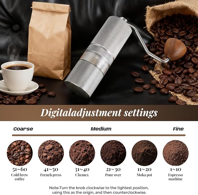 Manual Coffee Grinder CNC Stainless Steel Conical Burr Coffee Grinder Hand with 60 Adjustable Coarseness For Espresso, Drip Coffee, French Press Portable Coffee Bean Grinder (Silvery)