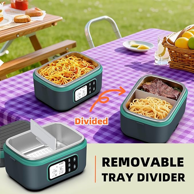 6.3 Cups Cordless Electric Lunch Box for Adults, 100W Rechargeable Battery Powered Automatic Scheduled Heated Lunchbox, Rapid Heating Portable Food Warmer BPA Free for Hot Meals Anywhere