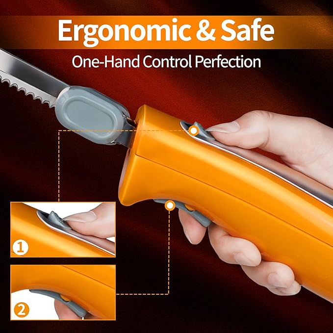 Electric Knife, Electric Carving Knife Set with Two Serrated Stainless Steel Blades, Carving Fork, with Non Slip Handle, Safety Lock and Storage Case for Meat, Bread Fish,Other and Foods.
