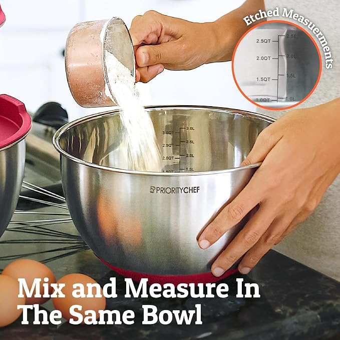 Priority Chef Premium Mixing Bowls With Airtight Lids Set, Thicker Stainless Steel Mixing Bowl Set, Large Prep Metal Bowls with Lids, Nesting Bowls for Kitchen, 1.5/2/3/4/5 Qrt, Red