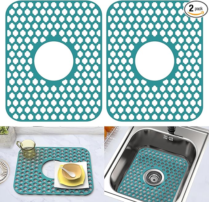 Silicone Sink Protector for Kitchen Bathroom Sink, 2 Pack 13.58"x 11.6" Heat-resistant Mat, Non-Slip and Durable Silicone Protectors, Center Drain (Green)
