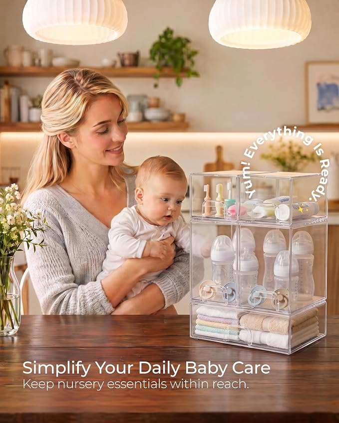 Stackable Storage Drawer Organizers Set of 5 for Bathroom Organizer Storage | Clear Plastic Organizer Bins for Baby Bottle, Kitchen Under Sink, Laundry, Pantry, Beauty, Cabinet, Medicine, Office Supplies
