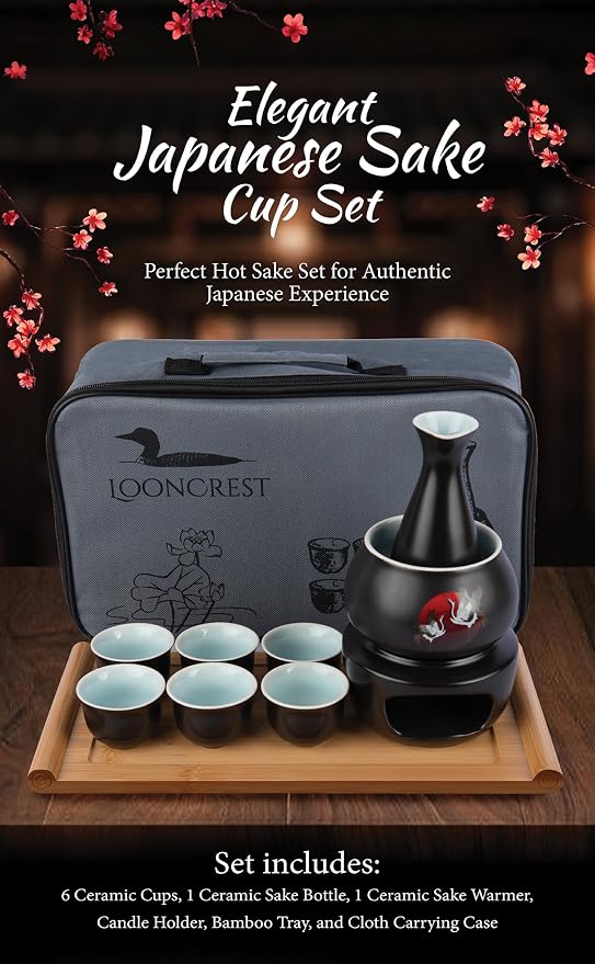 Japanese Sake Cup Set with 6 Ceramic Cups, 1 Ceramic Sake Bottle, 1 Ceramic Sake Warmer, Bamboo Tray, and Cloth Carrying Case | Perfect Hot Sake Set for Authentic Japanese Experience