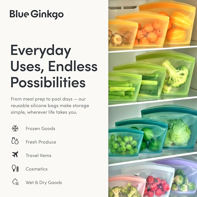 Blue Ginkgo Reusable Silicone Storage Bags – 4-Pack | Korean-Made Stand Up Food, Freezer Bags - Forest Green