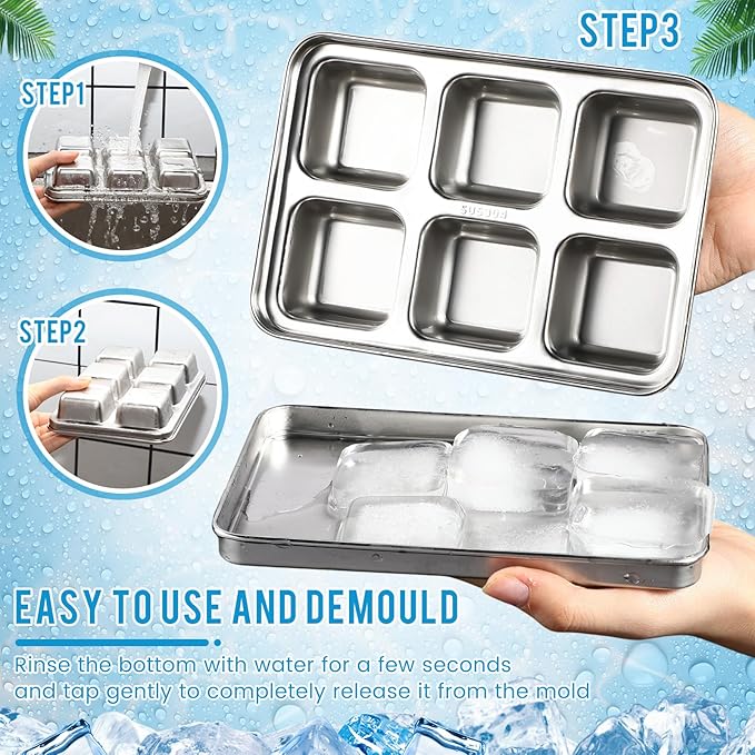 Domensi 4 Pack Stainless Steel Ice Cube Trays for Freezer Metal Ice Cube Trays with Lid Easy Release Molds Durable and Dishwasher Safe for Bars Kitchens Cocktail Freezer Whiskey