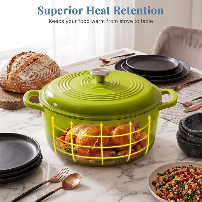 DUMOS Cast Iron Dutch Oven, 6 Quart Pot with Lid, Enameled Heavy Duty Cookware, Oven Safe to 500°F, Perfect for Bread Baking, Stews and Roasting, Moisture Sealing Lid with Dual Handles, Green