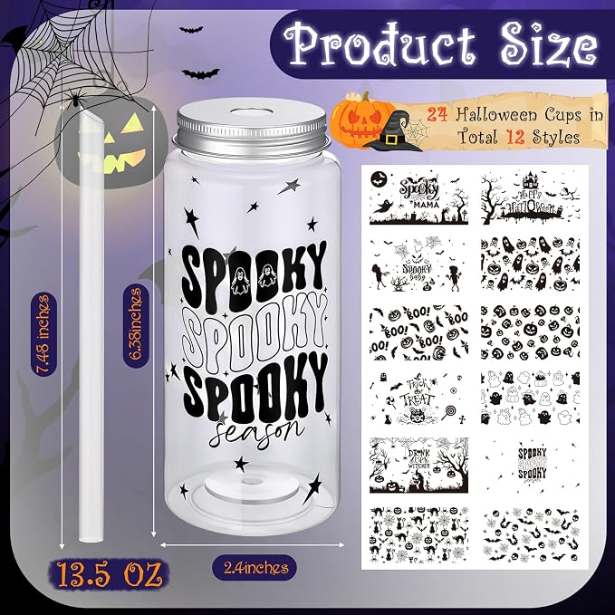 Pickmesh 48 Pcs Halloween Cups 13.5 oz Ghost Spooky Plastic Cups with Lids and Straws Bulk for Halloween Party Supplies Pumpkin Skinny Drinking Tumblers Mugs Gifts for Women
