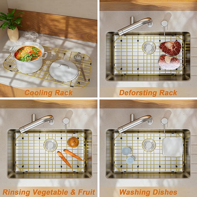 Gold Large 26" x 14" Kitchen Sink Grid,Sink Protector for Kitchen Sink,Stainless Steel Sink Rack with strainer,sink grate for Bottom of Sink,Rear Drain with Corner Radius,Stainless Steel