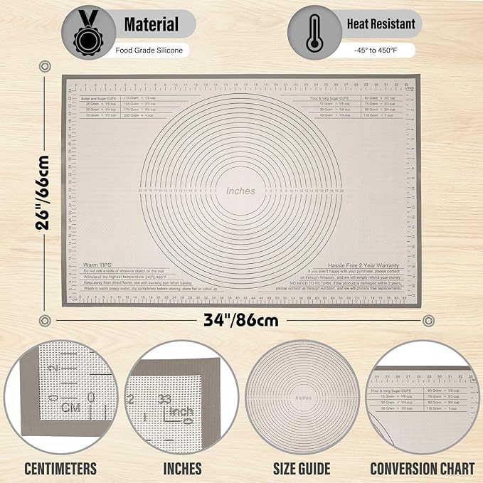 Silicone Pastry Mat 34x26 Inch Nonstick Baking Mat -Perfect for Dough, Pastry, Dough Rolling, Kneading Board, Pie Crust, Bread, Fondant, Pasta/Pizza, Kitchen Counter Mat