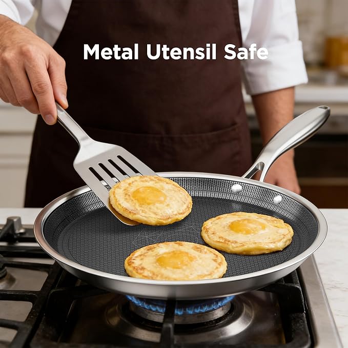 COOKER KING 9.5" Round Griddle Pan, 3-Ply Hybrid Stainless Steel Crepe Pan with Stay-Cool Handle, Non Stick & Non Toxic for Pancake, Eggs, All Stovetop & Induction Compatible, Oven & Dishwasher Safe