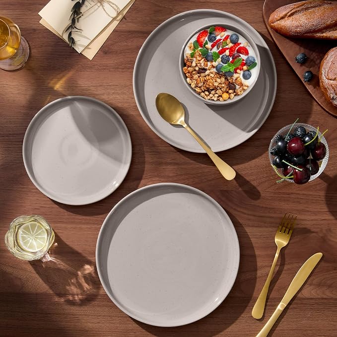E-far 12-Piece Ceramic Dinnerware Sets, Plates and Bowls Sets for 4, Stoneware Dishware Dishes Set with Terracotta Base, Chip & Scratch Resistant, Microwave & Dishwasher Safe, Speckled Khaki