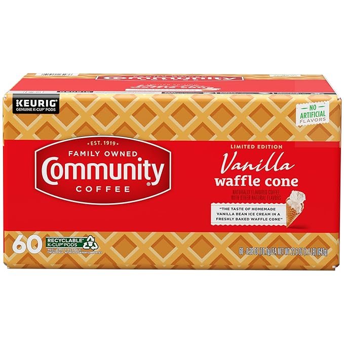 Community Coffee Vanilla Waffle Cone 60 Count Coffee Pods, Ice Cream Flavored, Compatible with Keurig 2.0 K-Cup Brewers, 60 Count (Pack of 1)