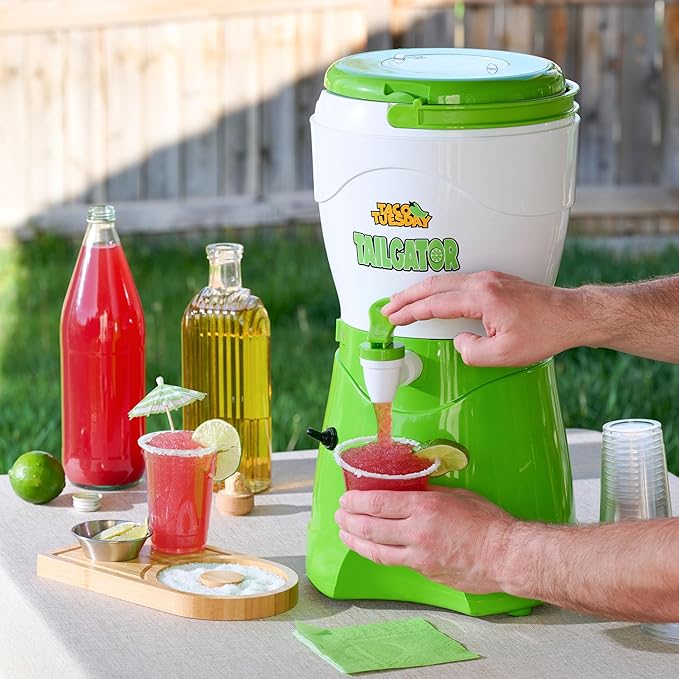Nostalgia Taco Tuesday Tailgator Margarita Machine - Blender for Smoothies, Margaritas, Daiquiris, and Slushies - White/Lime Green - 128-Ounce - 10" D x 12" W x 9" H