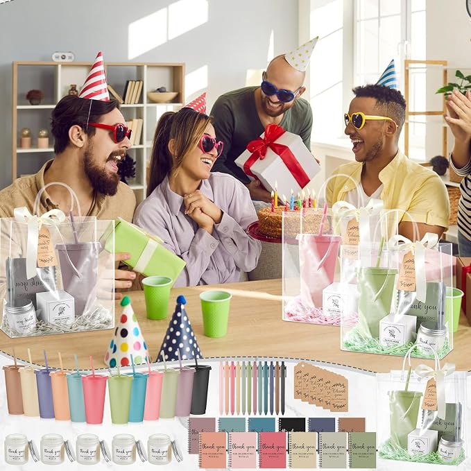 Nuogo 12 Sets New Parent Shower Prizes for Player Winners Adult, Wedding Bridal Shower Gift, Plastic Tumbler Notebook Scented Candle Ballpoint Pen Bag (Morandi Color,Classic Style)
