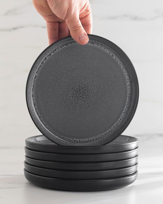 12 Piece Stoneware Dinnerware Set for 4 - Handmade Reactive Glaze Plates and Bowls Set - Chip & Scratch Resistant Dish Set - Dishwasher Microwave Safe - Dark Gray