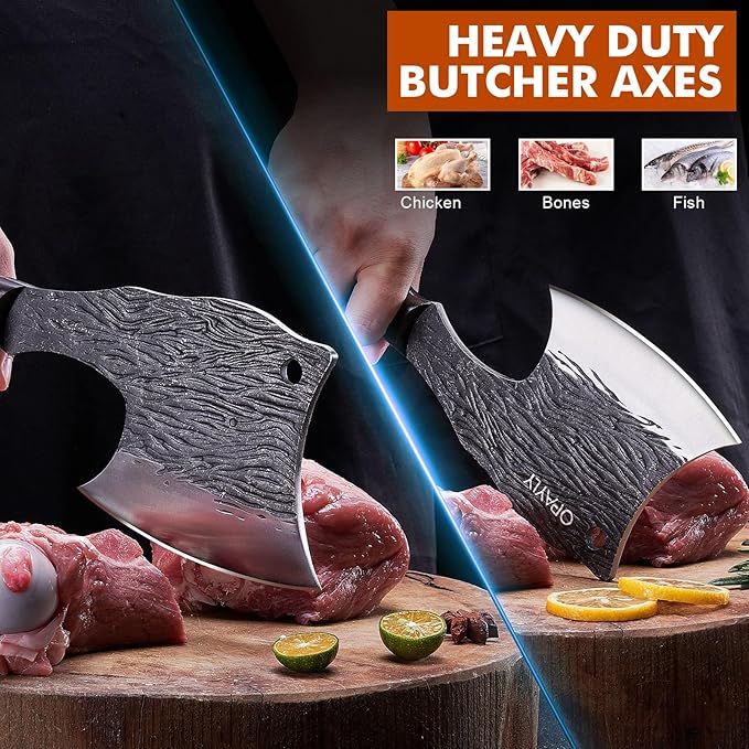 OPAYLY Heavy-Duty Bone Chopper Knife Hand Forged Meat Cutting with Cover Meat Bone Cleaver Knife High Carbon meat knife for Kitchen Outdoor Camping BBQ men gifts