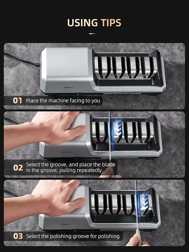 Reemix Electric Knife Sharpener with 4-Stage Sharpening (Repair, Coarse, Medium, Fine & Polish), 20° Fixed Angle, Non-Slip Base & Metal Shavings Collector for Kitchen Knives (Sliver)