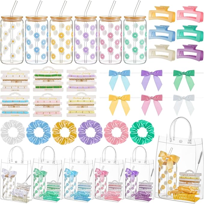 Suncalla 36 Pcs 6 Set Pastel Birthday Gifts for Women, Sleepover Spa Party Girls Trip Bachelorette Party Favors for 6 People, Daisy Glass Cup Bracelets Hair Bands Hair Clip Tote Bags Bows