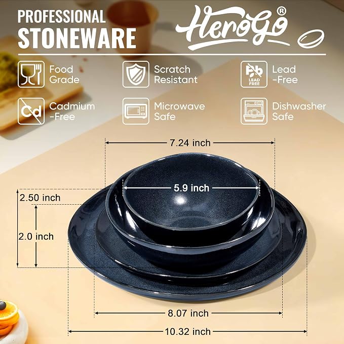 Herogo 18pcs Stoneware Dinnerware Sets for 6, Irregular Handmade Dinner Plates and Bowls, Kitchen Dining Dish Dishware Set, Microwave & Dishwasher Safe,Starry Blue