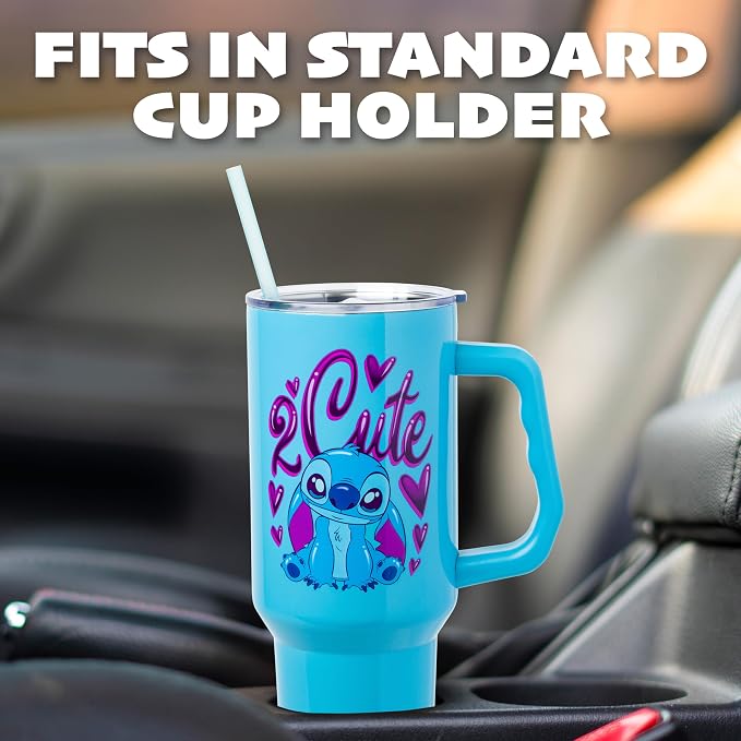 Silver Buffalo Disney Lilo and Stitch “2 Cute” Double Walled Stainless Steel Tumbler with Handle, Fits in Standard Cup Holder, 40 Ounces