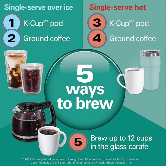Hamilton Beach Flexbrew Advanced 5-in-1 Drip & Single Serve Coffee Maker | Single Serve Hot & Iced Coffee Maker | 12 Cup Programmable Drip Coffee Maker | Removable 60 oz. Reservoir | Black