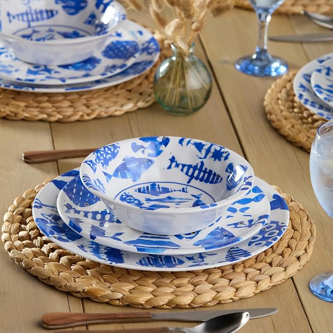 Fish Tale 12 Pc. MELAMINE DINNERWARE SET, SERVICE for 4 – Cobalt Blue Fish School, Outdoor Plates Bowls, Shatterproof Coastal Dining, Poolside Patio Entertaining, Mediterranean Dreams for Every Meal