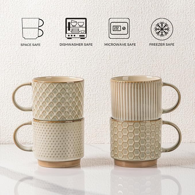 GBhome 12OZ Stackable Coffee Mugs Set of 6, Ceramic Coffee Mugs with Texture Patterns for Man,Woman,Dad,Mom, Modern Coffee Mugs Cups for Latte/Cappuccino/Cocoa. Dishwasher&Microwave Safe, Pale Khaki