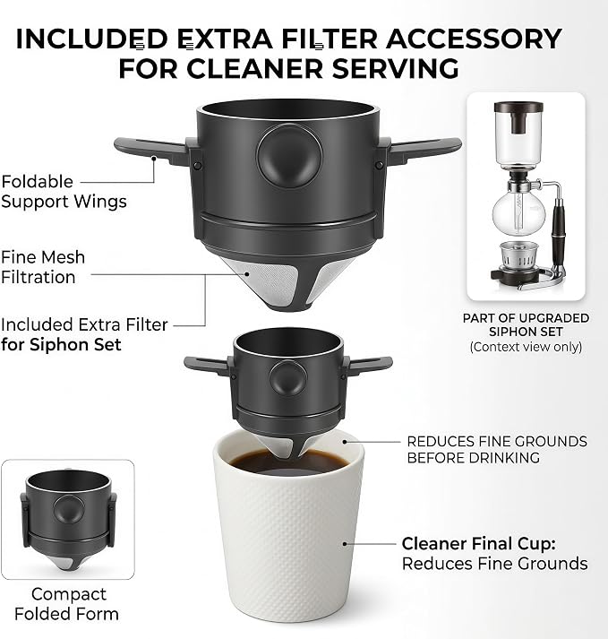 Siphon Coffee Maker, 20 oz Vacuum Brewer with Mesh Filter | Extra-fine mesh filter for cleaner final pour, borosilicate glass, hands-on siphon brewing, rich small-batch coffee