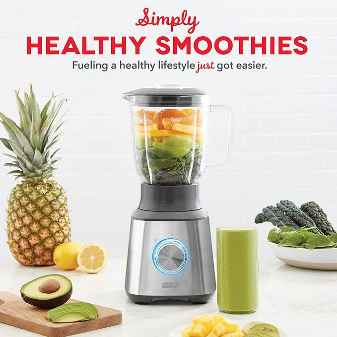 Dash Quest Blender for Smoothies and Shakes - 600W Kitchen Blender with 1.5-Liter Glass Pitcher, Stainless Steel Blades, 3 Speeds + Pulse for Frozen Drinks and Soups - Stainless