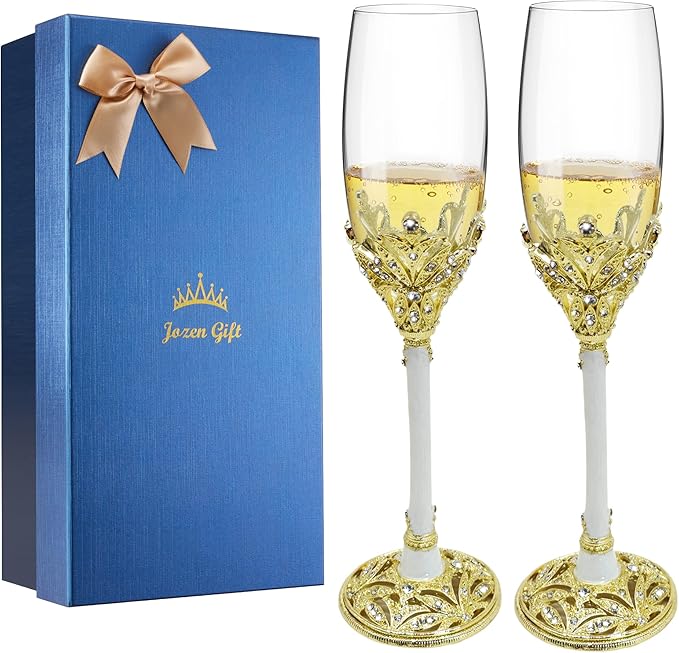 Champagne Flutes -His and Hers,Wedding Toasting Glasses for Engagement Celebrations, Bridal Shower and Registry Idea, Tall Wine Glasses for Bride and Groom Gifts,7oz (Gold&white)