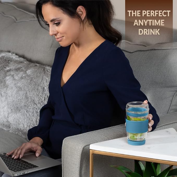 Double Wall All Glass Tumbler - 8-Ounce, Reusable Insulated Tea/Coffee Mug & Lid, Hand Blown Glass Travel Mug - Niagara - 2 Pack