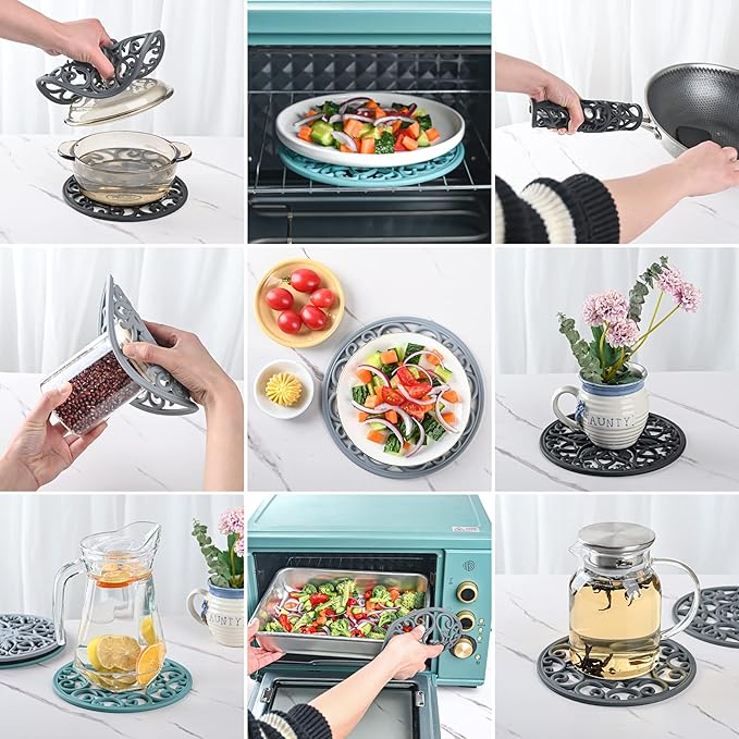 Smithcraft Silicone Trivets for Hot Dishes, Pots and Pans, Multi-use Carved Heat Resistant Mat, Hot Pads for Kitchen, Non Stick Trivet Mat, Silicone Pot Holders for Table & Counter Top Set of 6 Black