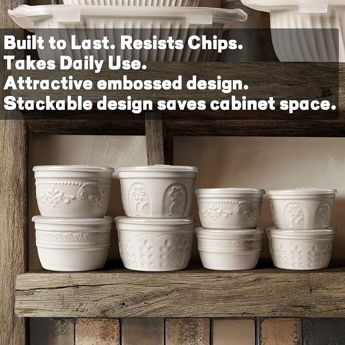 Artena Ramekins with Lids, Creme Brulee Ramekins Oven Safe, Ceramic Pudding Cups, Souffle Cups, Custard Cups, Dipping Sauce Cups, Food Storage Containers with Lids, Set of 4 (8 oz, Multiple Patterns)