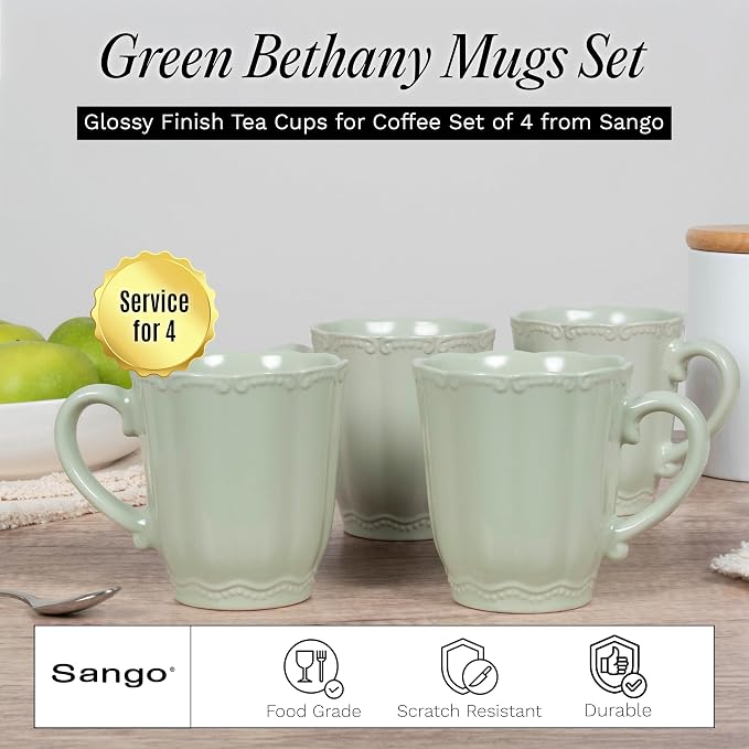 SANGO Bethany Sage Mugs Set of 4, 12 oz Stoneware Green Coffee Mugs, Vibrant Ceramic Drinkware for Coffee, Tea or Cocoa, Durable Everyday Cups, Dishwasher & Microwave Safe, Kitchen Mug Set
