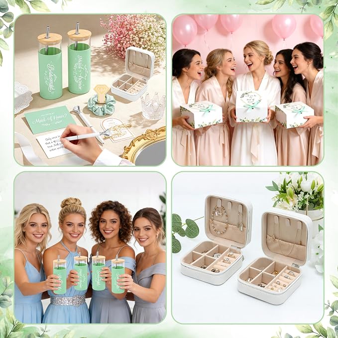 55 Pcs Bridesmaid Proposal Gifts of 6 Sets Maid of Honor Gifts Box Glass Cups Jewelry Box Scrunchies Hair Clips Pen and Invited Cards for Bachelorette Bridal Shower Wedding Party (Green, 6 Set)